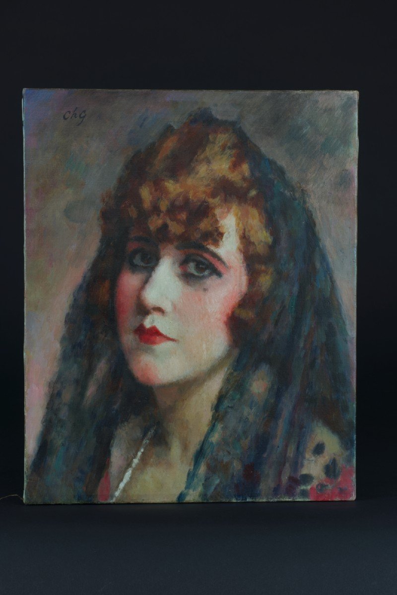 Charles Guerin Old Beautiful Painting Portrait Young Redhead Woman Mantilla Khôl 1900 Year-photo-2