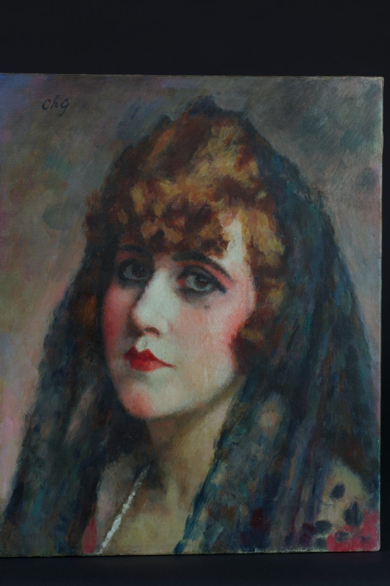 Charles Guerin Old Beautiful Painting Portrait Young Redhead Woman Mantilla Khôl 1900 Year-photo-3