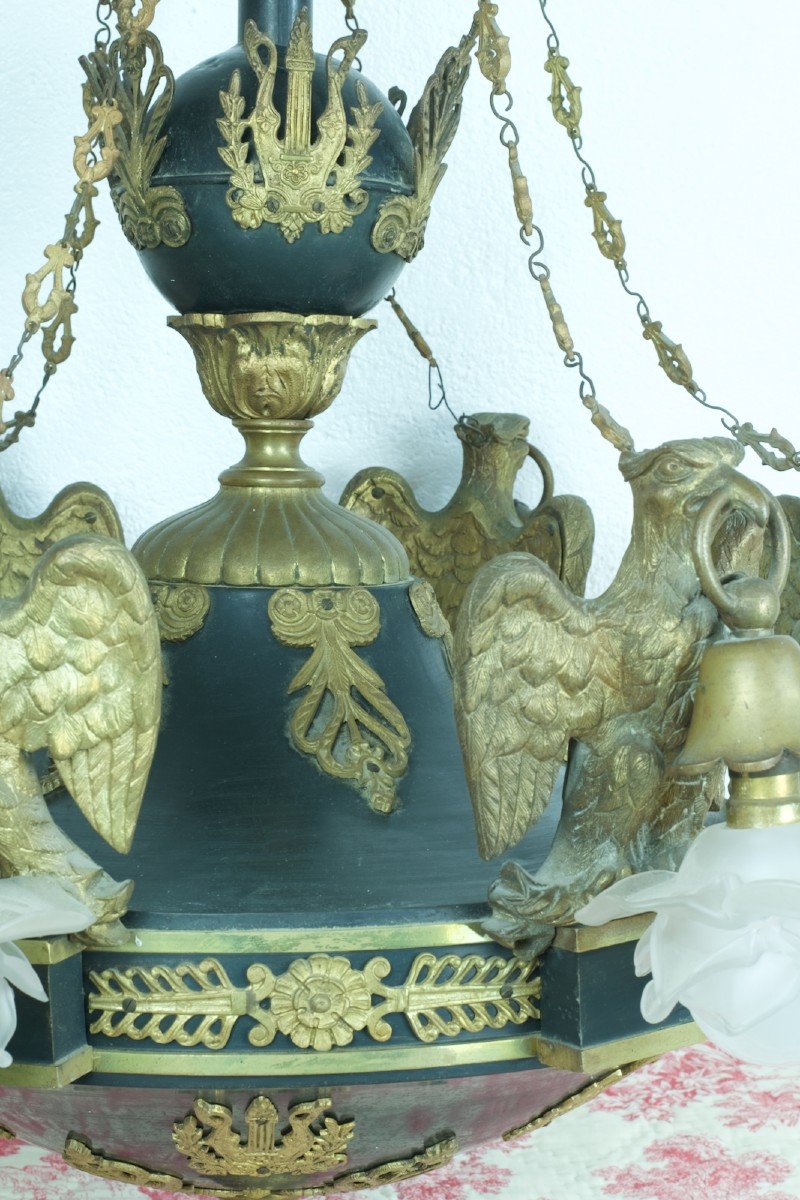 Old Large Empire Chandelier Napoleon Imperial Eagle Gilt Bronze Palmettes Sheet Metal-photo-4