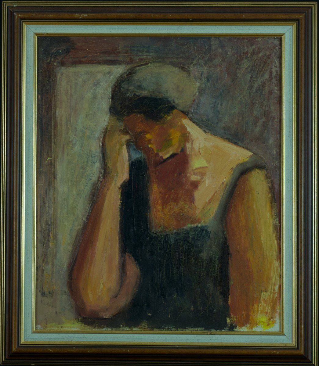 Beautiful Old Painting Portrait Of Pensive Woman Expressionist Scarf 1950 Hst-photo-3