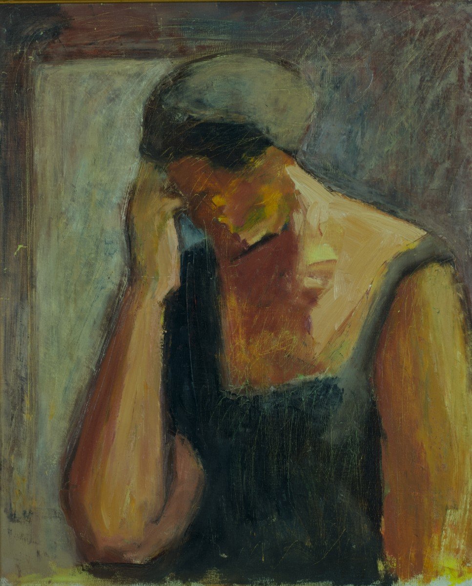 Beautiful Old Painting Portrait Of Pensive Woman Expressionist Scarf 1950 Hst-photo-4