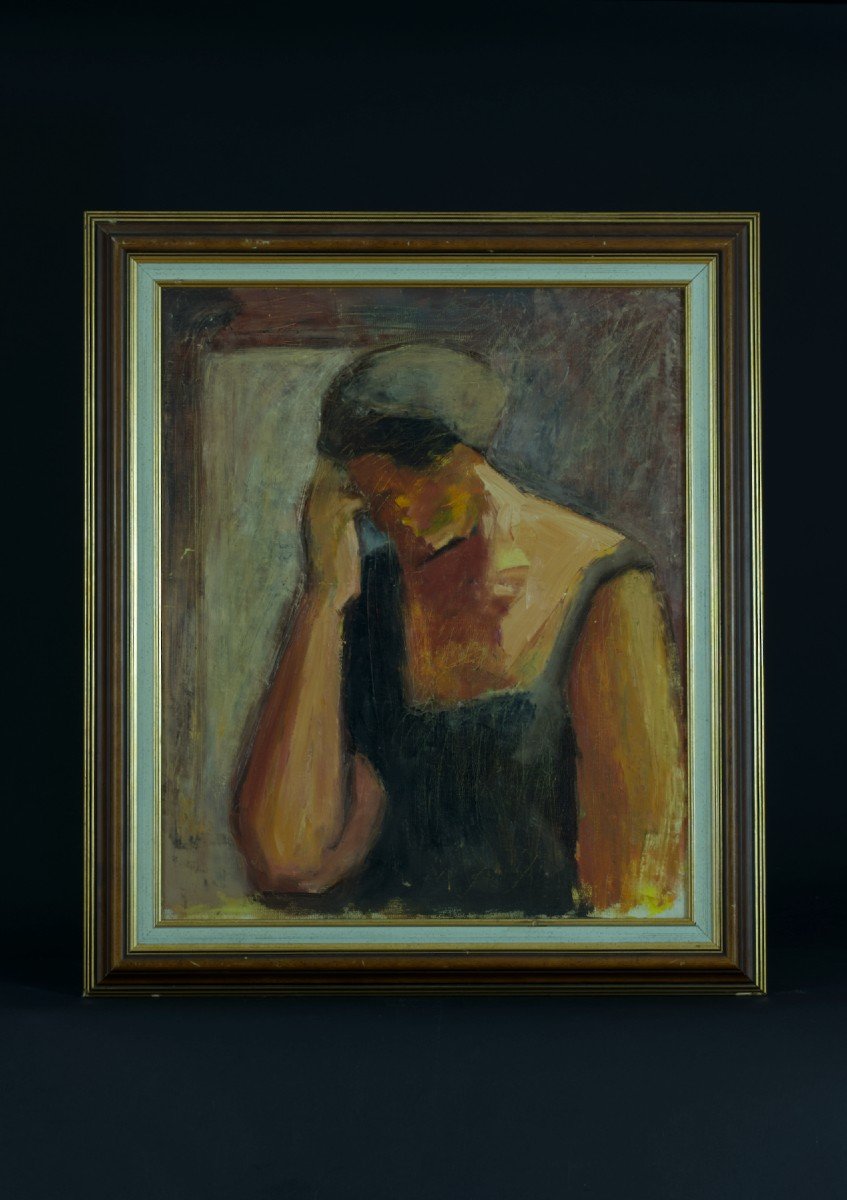 Beautiful Old Painting Portrait Of Pensive Woman Expressionist Scarf 1950 Hst-photo-4