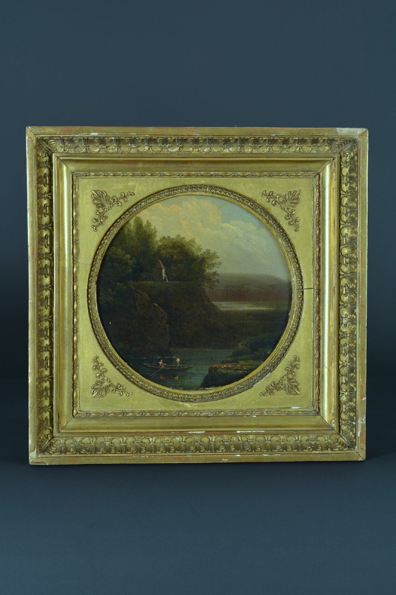 Ancien Tableau Paysage Promeneur Barque Château école Française 18è Suiv Bidauld-photo-5