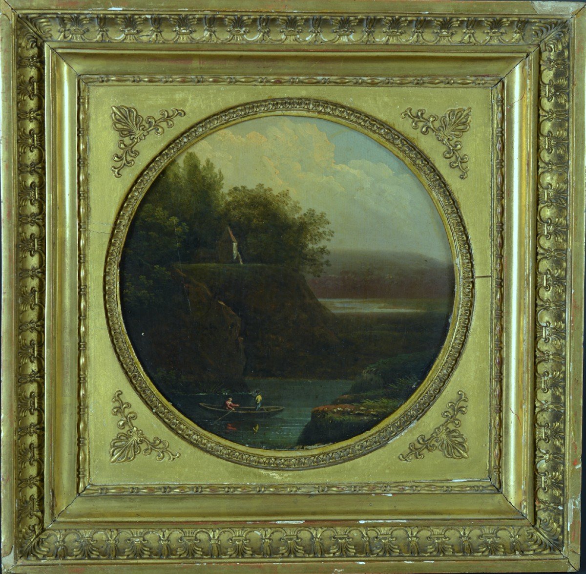 Ancien Tableau Paysage Promeneur Barque Château école Française 18è Suiv Bidauld