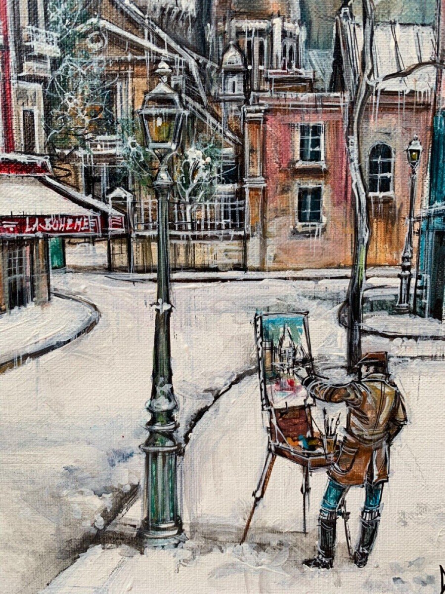 Claude Dumont Modern Painting Paris Snow Montmartre Place Du Tertre Self Portrait-photo-3