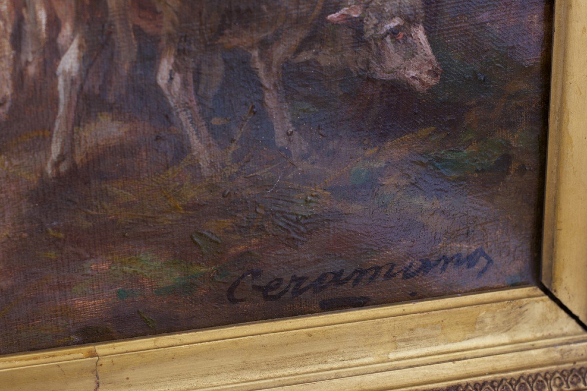 Ceramano Old Painting  Ec. From Barbizon Bergerie Mouton Farm Diaz Landscape 19th Belgian Frame-photo-4