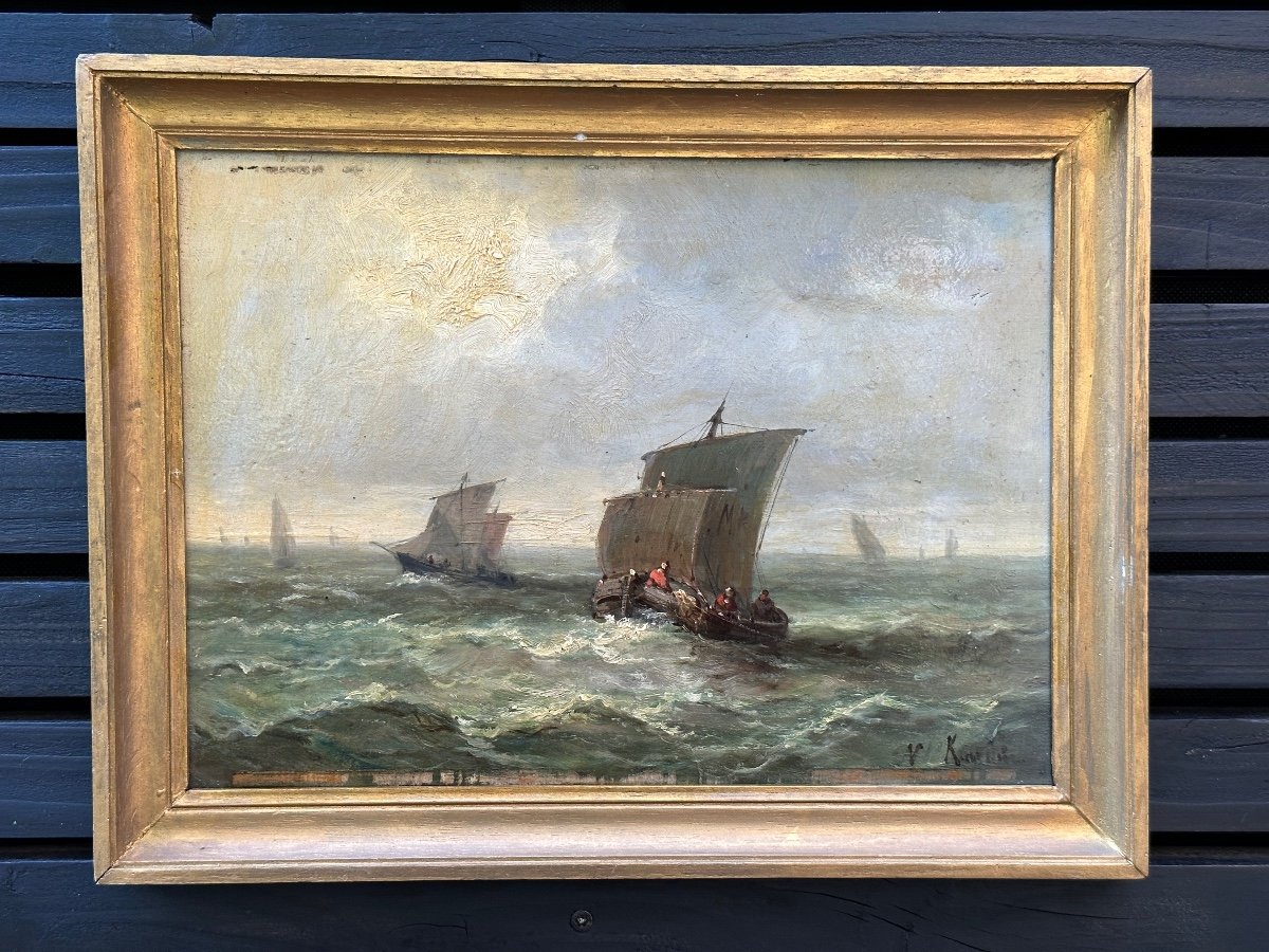 Old Marine Painting Sky Normandy Boat Sailboats At Sea Signed 19th-photo-3