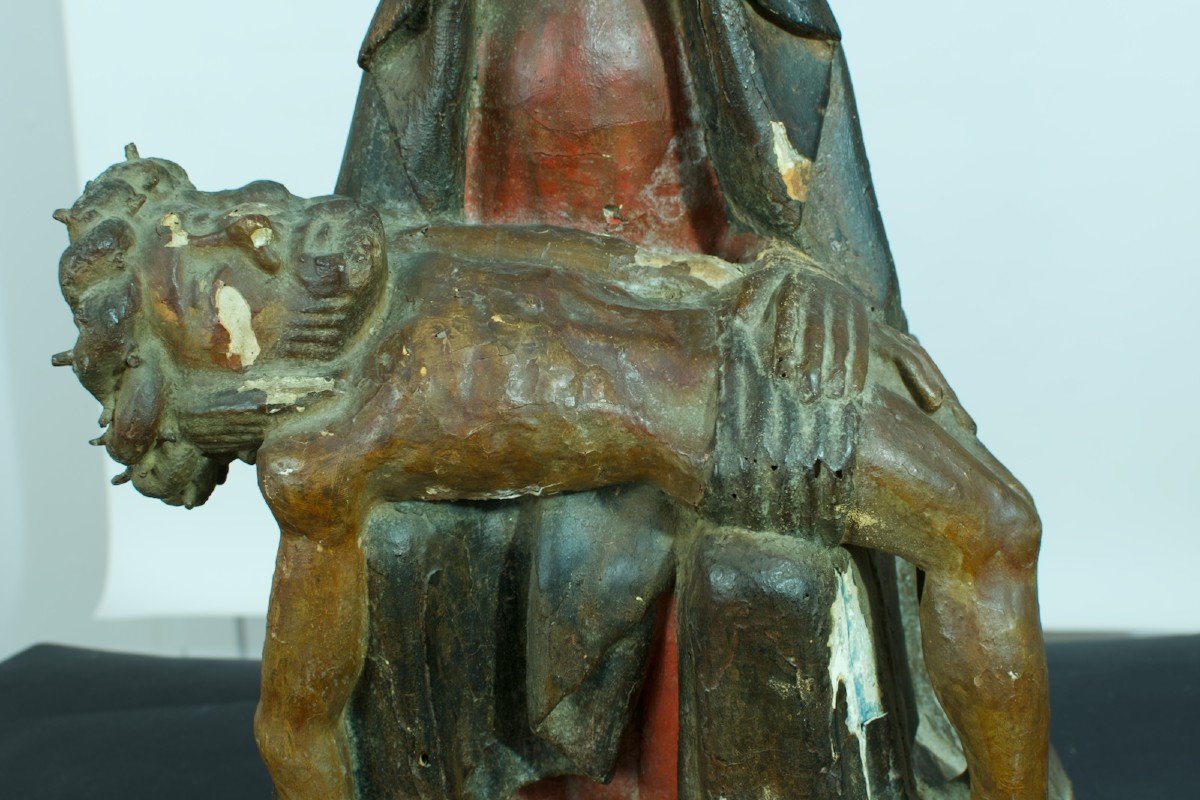 Ancienne Grande Statue Religieuse Piéta Gothique Bois Sculpté Polychrome XV ème pietà-photo-3