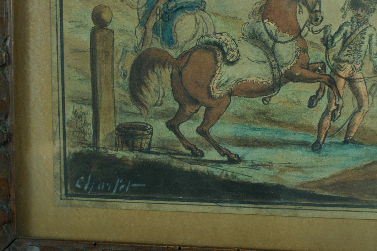 Toussaint Charlet  Ancien Dessin Empire Hussard Cavaliers Chevaux Signé 19e Militaria Camp-photo-2