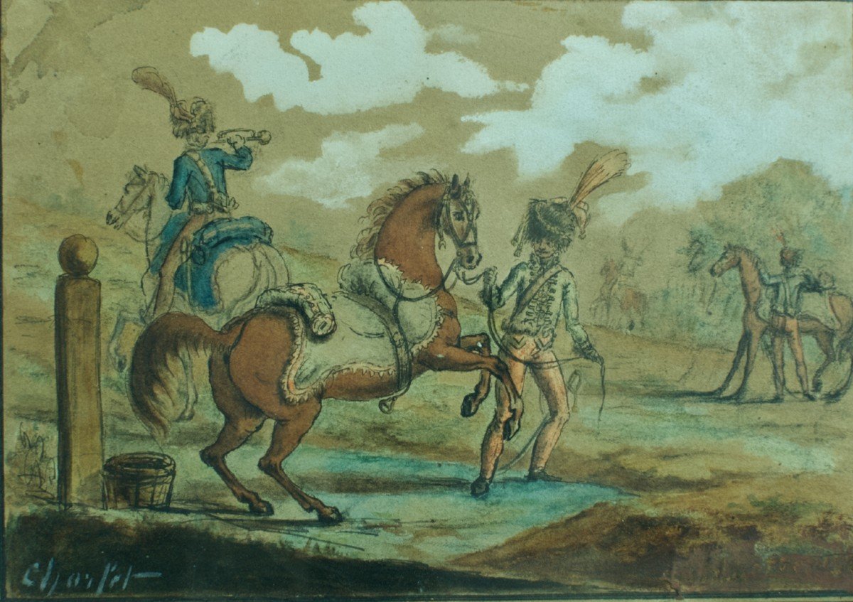 Toussaint Charlet  Ancien Dessin Empire Hussard Cavaliers Chevaux Signé 19e Militaria Camp