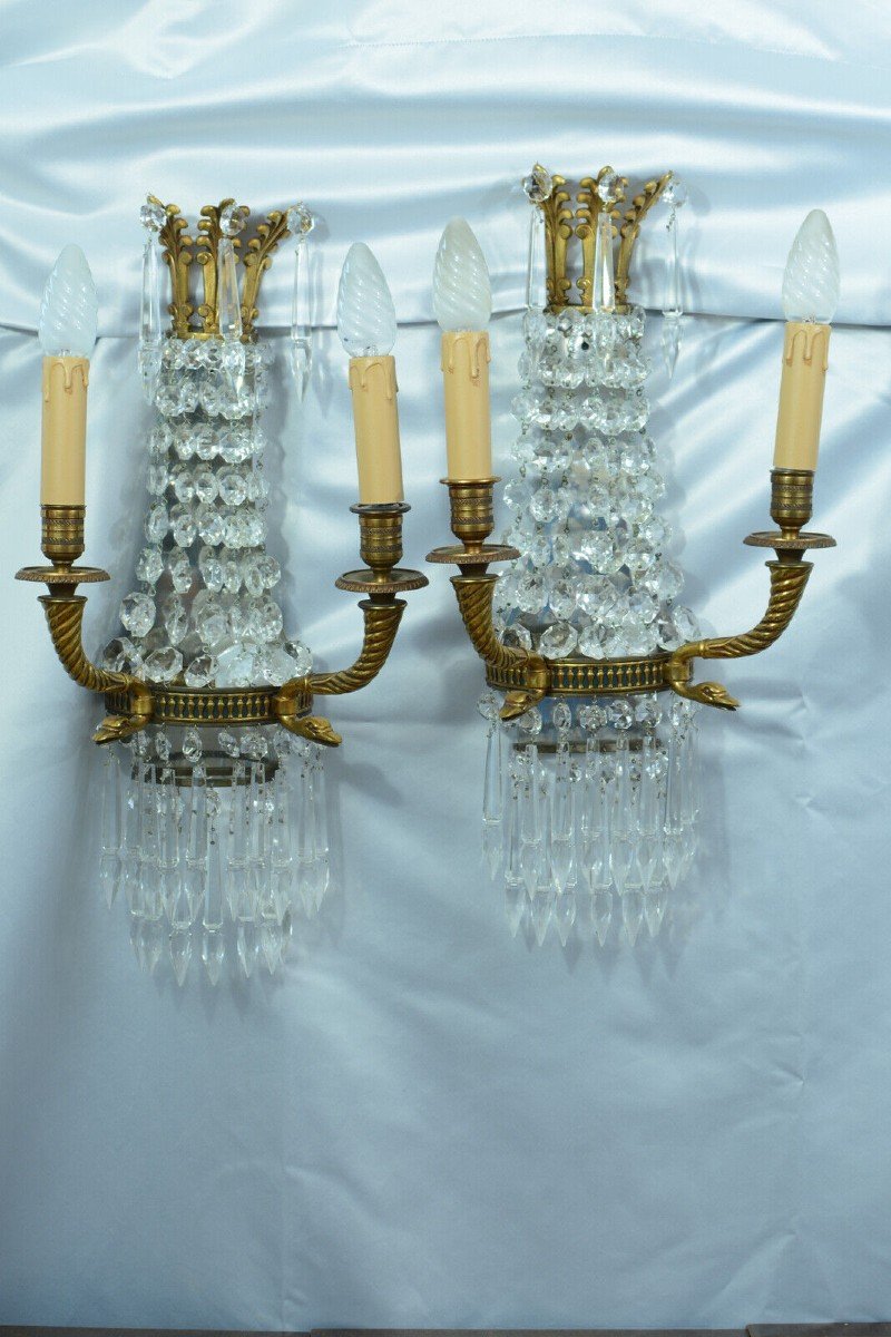 Grandes Lampes Appliques Murales Louis XVI Pampilles Cristal Papilles  Cygne Bronze Lucien Gau-photo-6