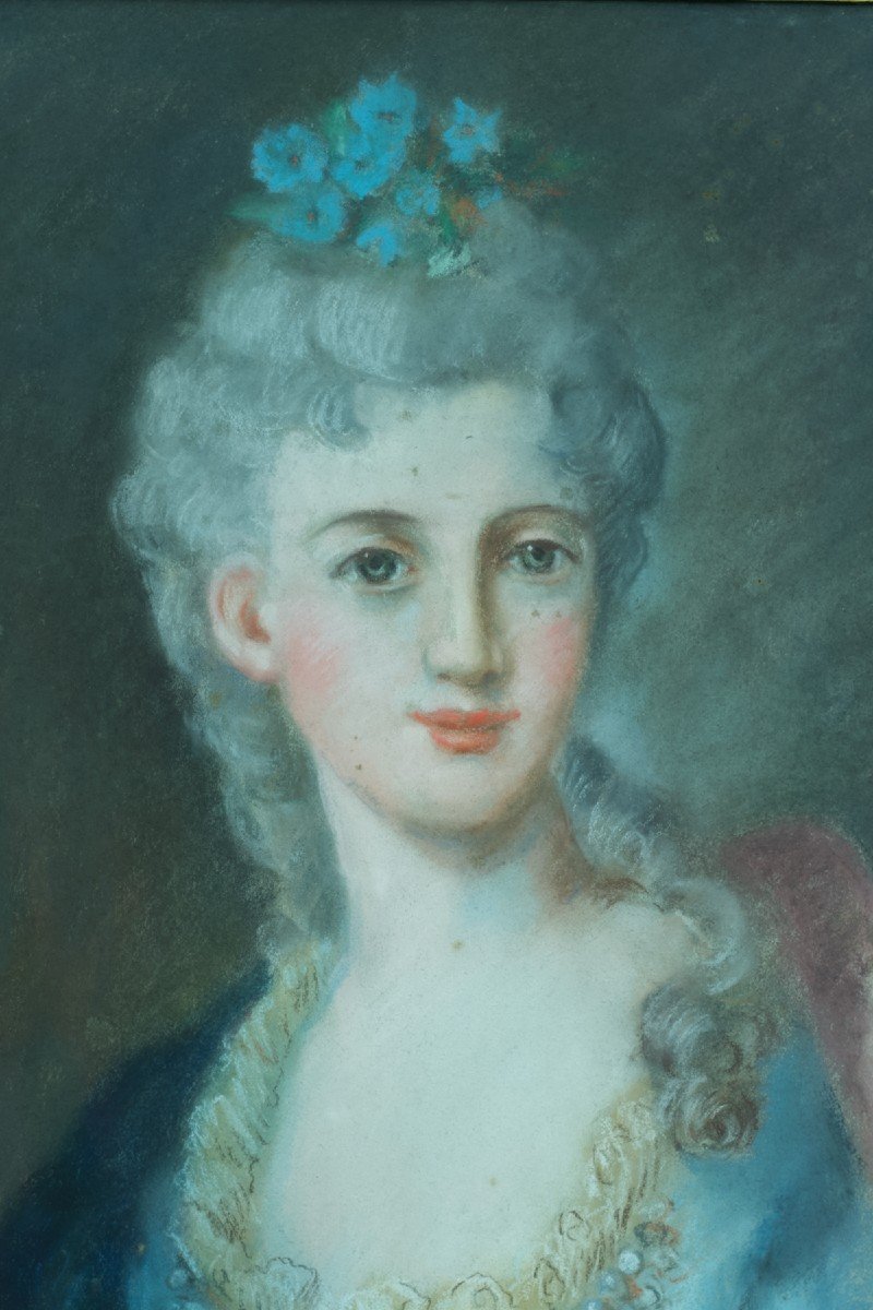 Tableau Ancien Grand Portrait Dame Courtisane Pastel Louis XVI Costume Cadre 18e-photo-1
