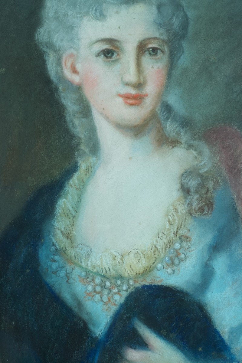 Tableau Ancien Grand Portrait Dame Courtisane Pastel Louis XVI Costume Cadre 18e-photo-2