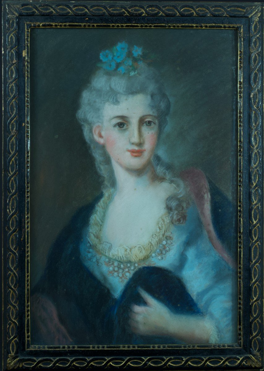 Tableau Ancien Grand Portrait Dame Courtisane Pastel Louis XVI Costume Cadre 18e