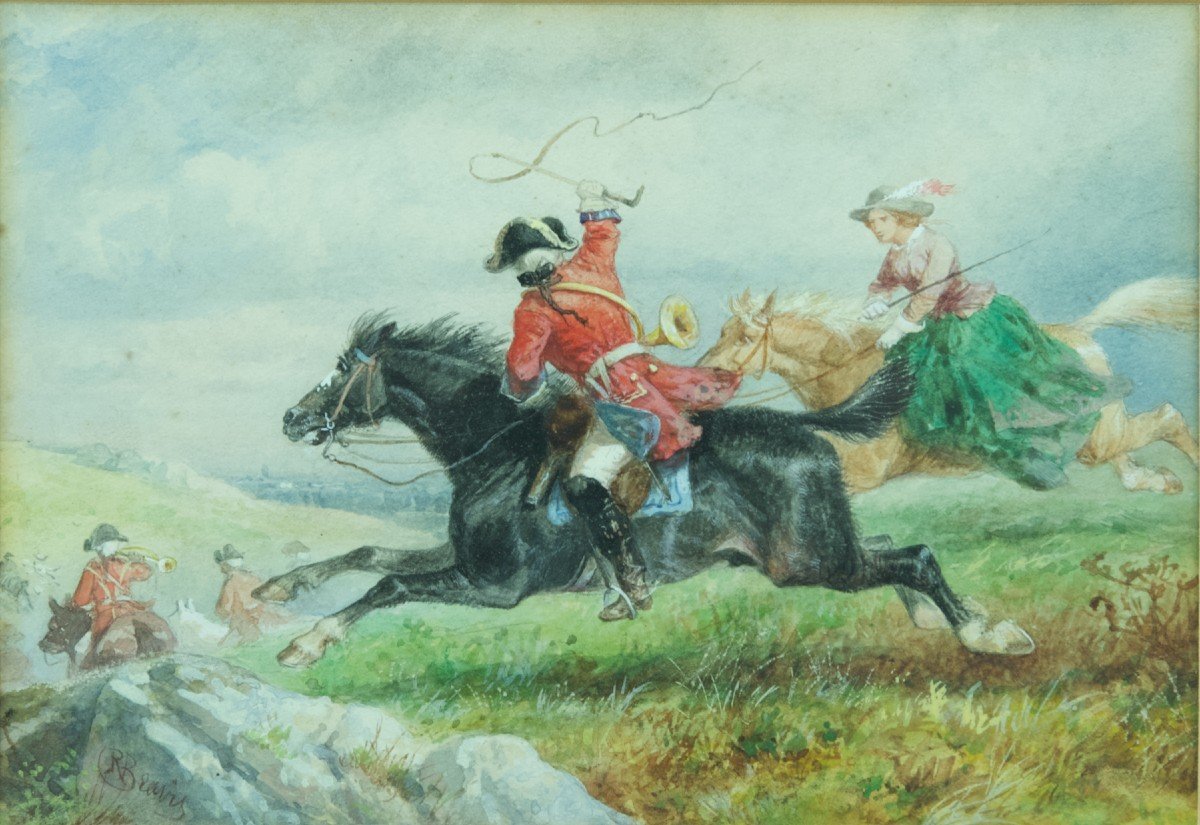 Richard Beavis Old English Drawing Couple Of Riders Hunting With Hounds 19th-photo-3