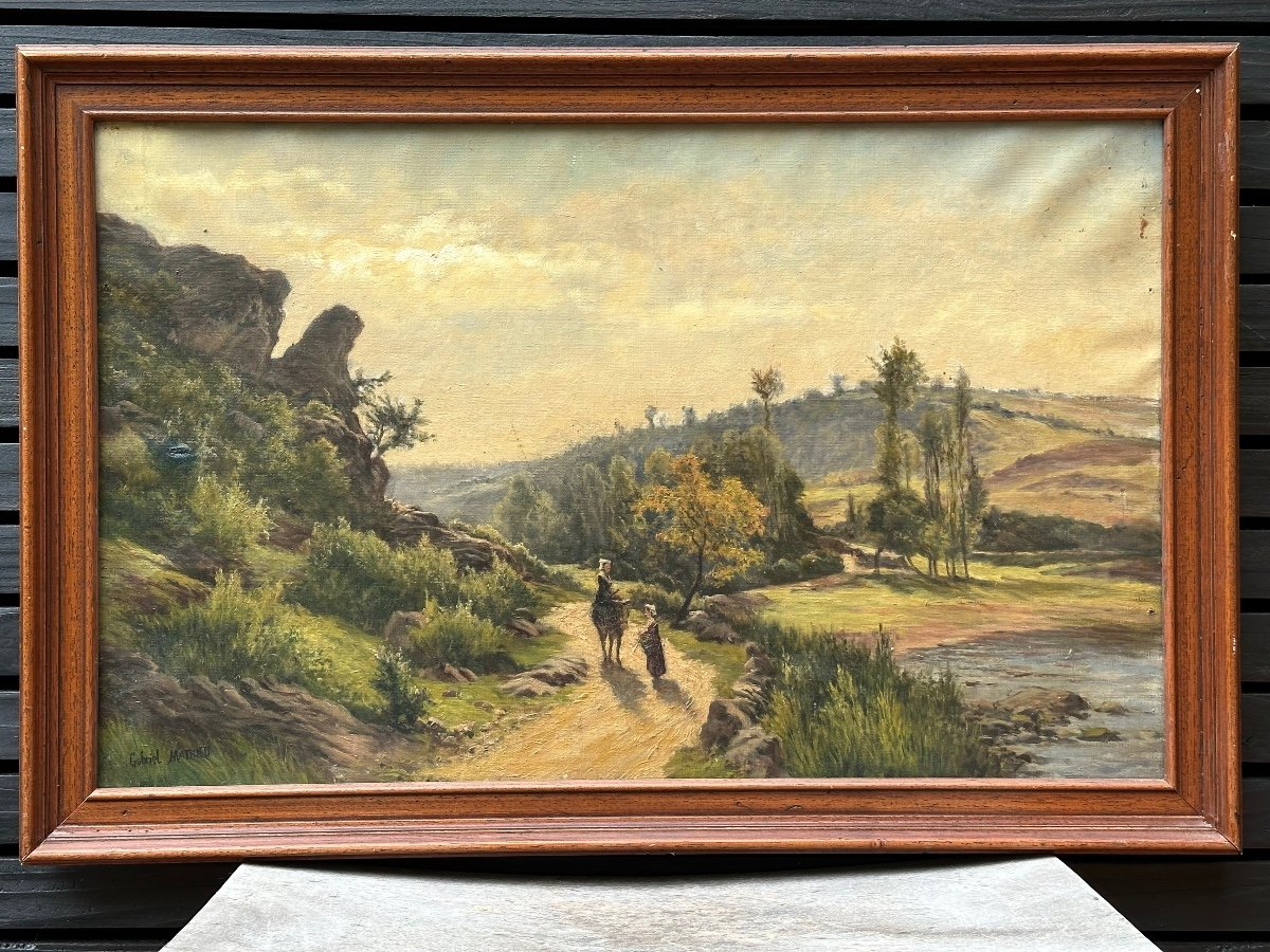 Gabriel Mathieu Old Painting Animated Landscape La Creuse Gargilesse Donkey Crozant 19th-photo-6