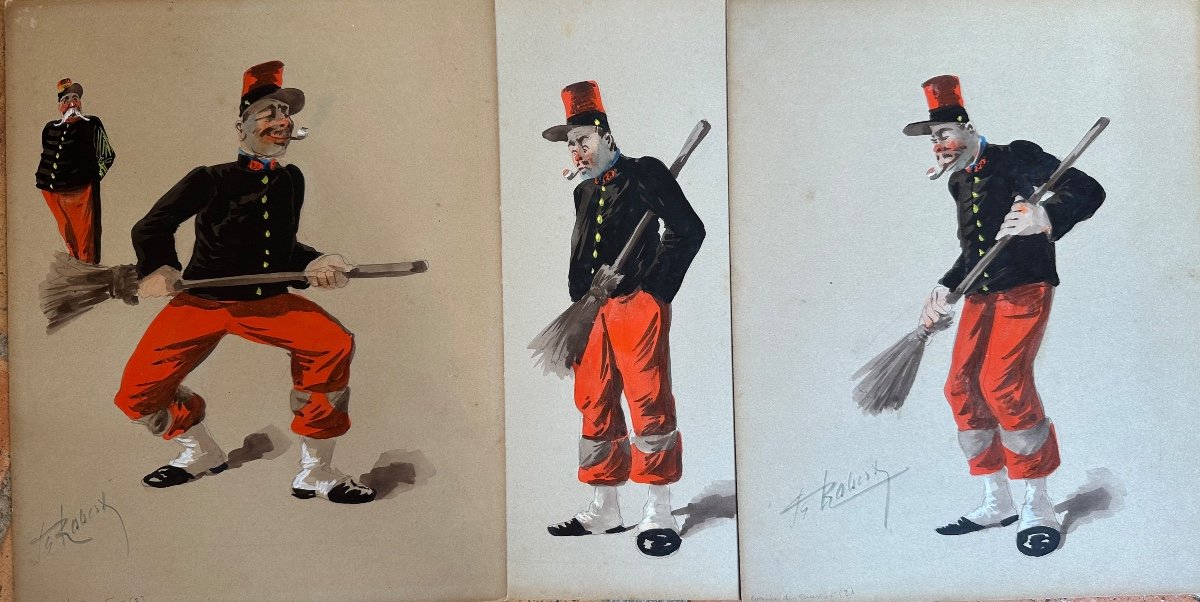 Ancien Tableau Militaria Portrait Militaire Corvée Balaie Caricature Robert X 3-photo-2