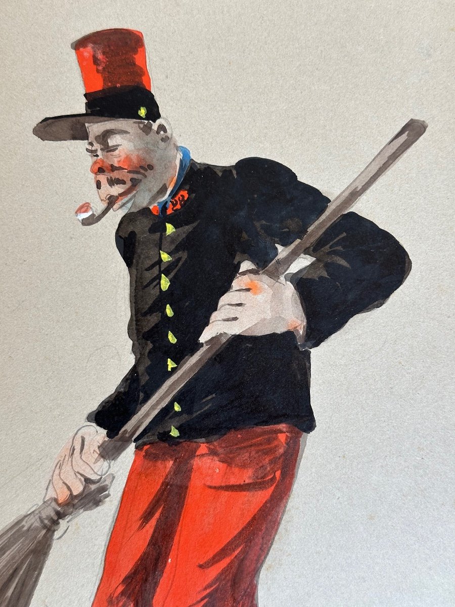 Ancien Tableau Militaria Portrait Militaire Corvée Balaie Caricature Robert X 3-photo-3