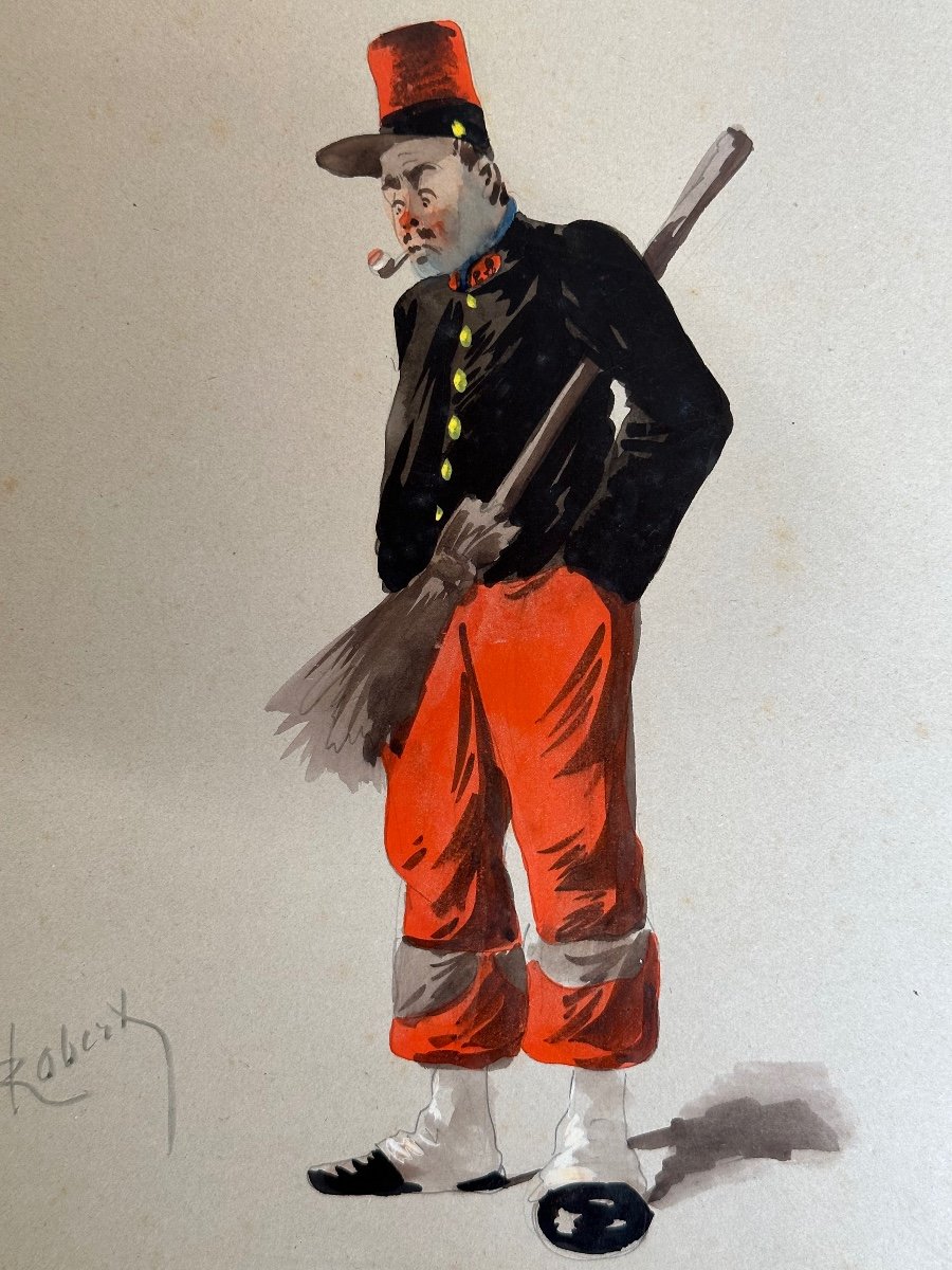 Ancien Tableau Militaria Portrait Militaire Corvée Balaie Caricature Robert X 3-photo-1