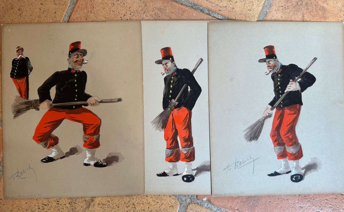 Ancien Tableau Militaria Portrait Militaire Corvée Balaie Caricature Robert X 3-photo-2