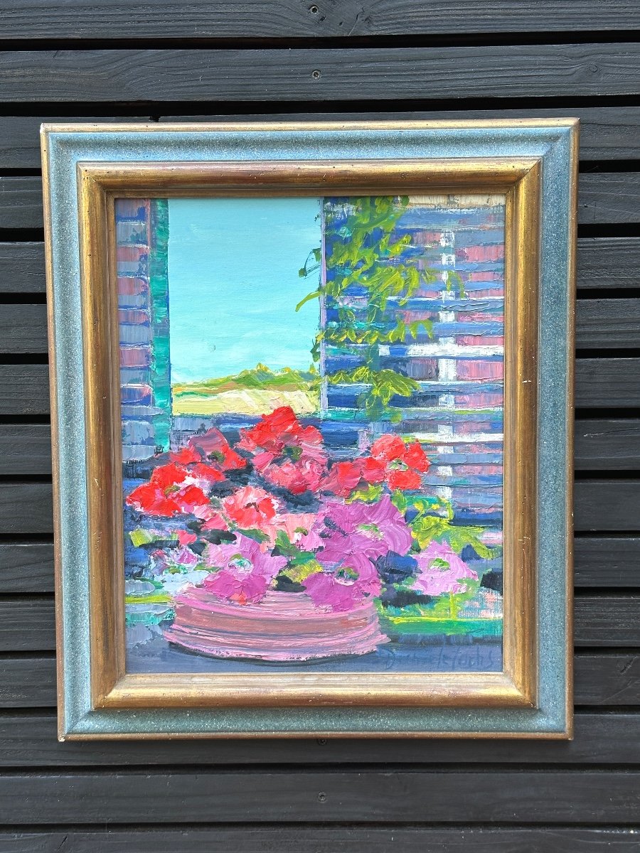 Danielle Fuchs Beautiful Modern Painting Bouquet Of Flowers Landscape Window Hst Frame Petunias-photo-5