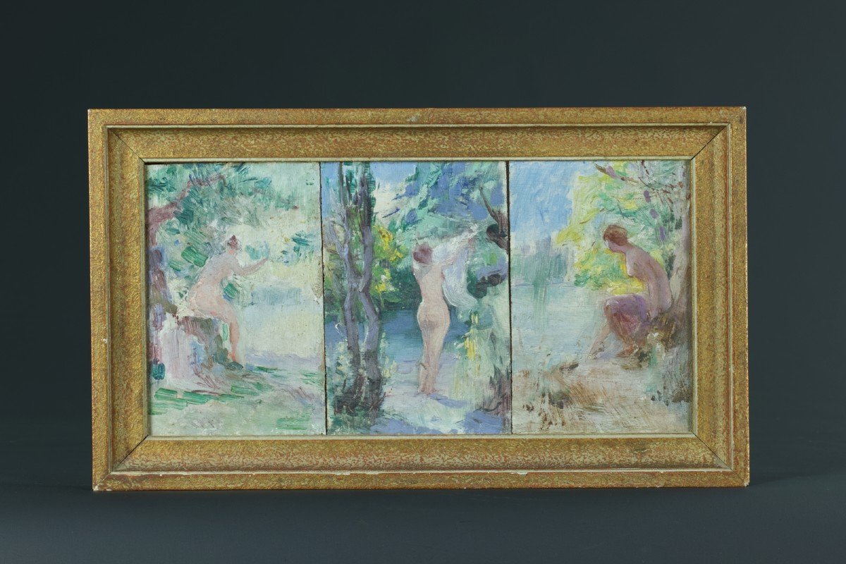  Louis Delfau 3 tableaux  anciens Portrait Femme Nue Baigneuses Nymphe  Au Bain -photo-3