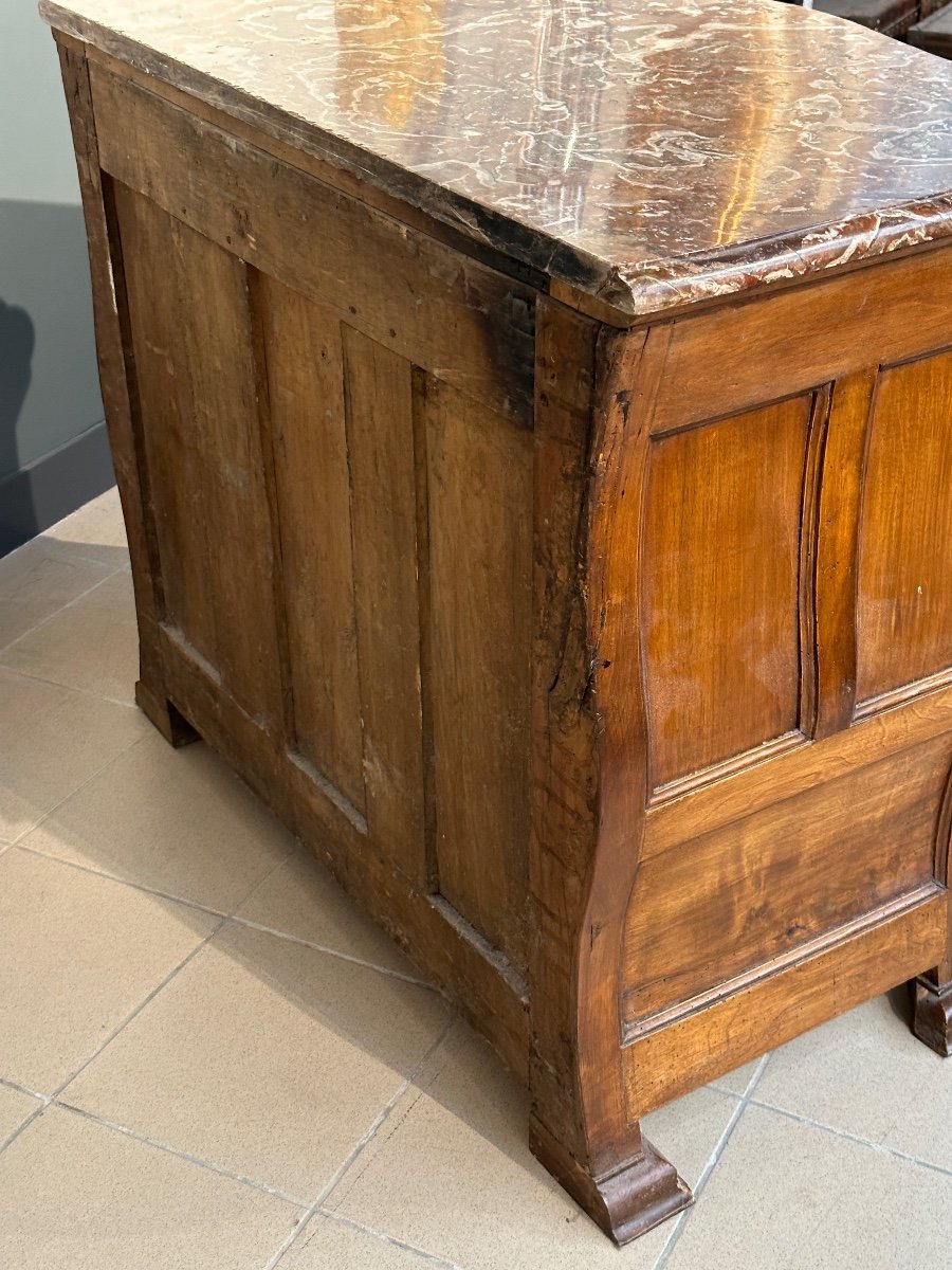 Ancienne Petite Commode Galbée Louis XV Marmousets Bronze Marbre Noyer Rangement-photo-5