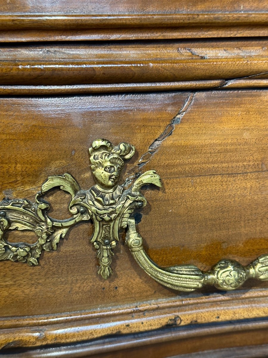 Ancienne Petite Commode Galbée Louis XV Marmousets Bronze Marbre Noyer Rangement-photo-8