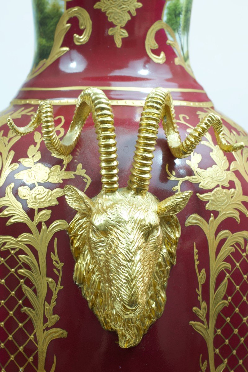 Old Important Vase In Porcelain And Gilt Bronze Ibex Style Sévres Retier