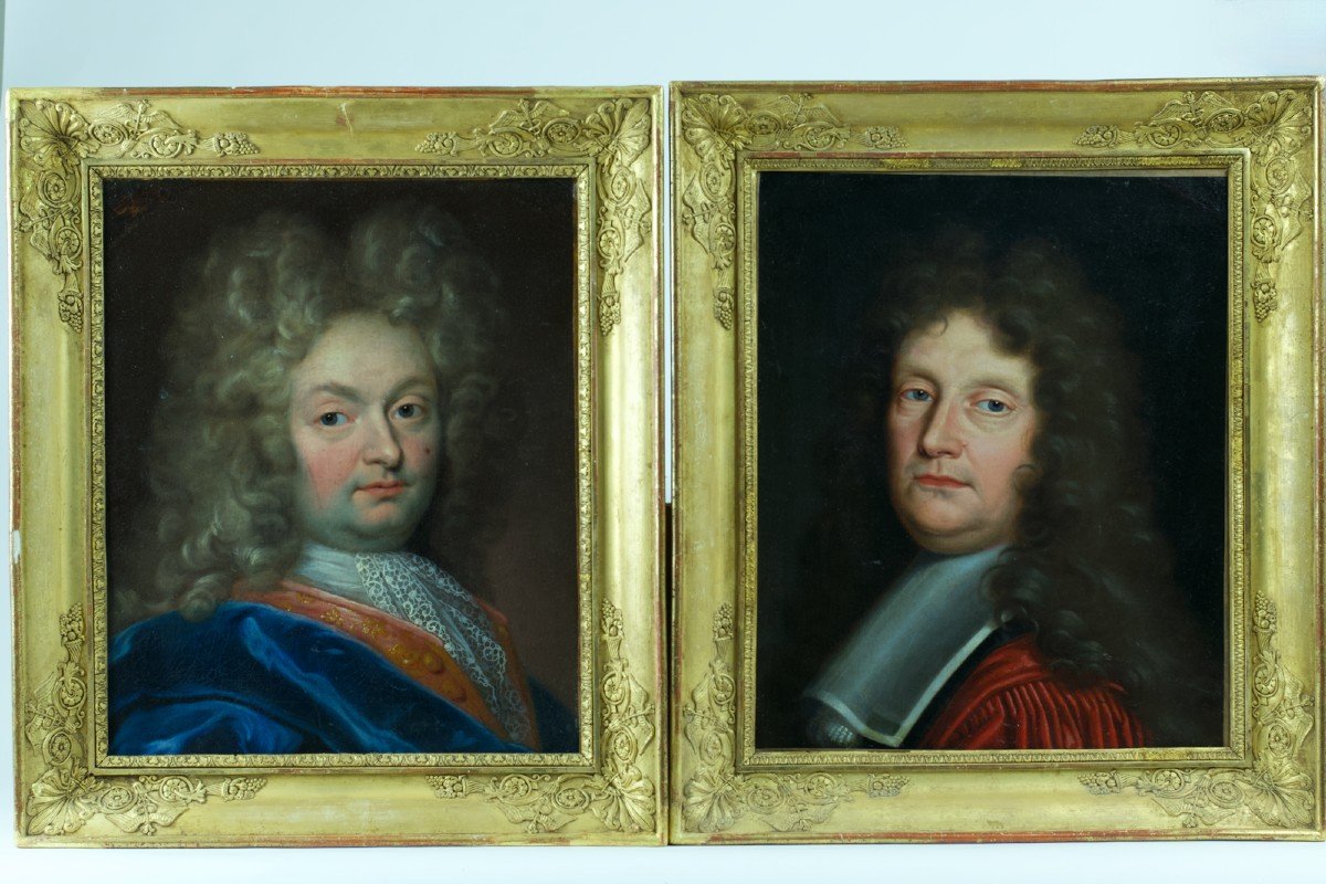 Beautiful Old Portrait Painting 17th Quality Man Wig Rouen Vignon X 2