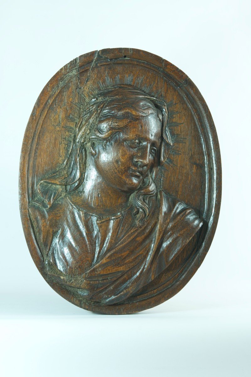 Old Flemish Baroque Virgin Portrait 17th Carved Wood Oak Large Medallion-photo-2