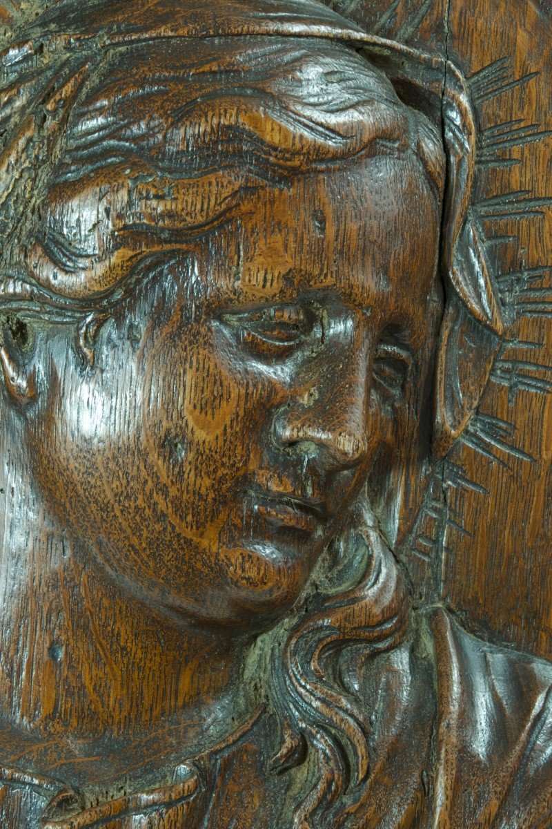 Ancien Portrait Vierge Baroque Flamand 17 ème Bois Sculpté Chêne Grand Médaillon
