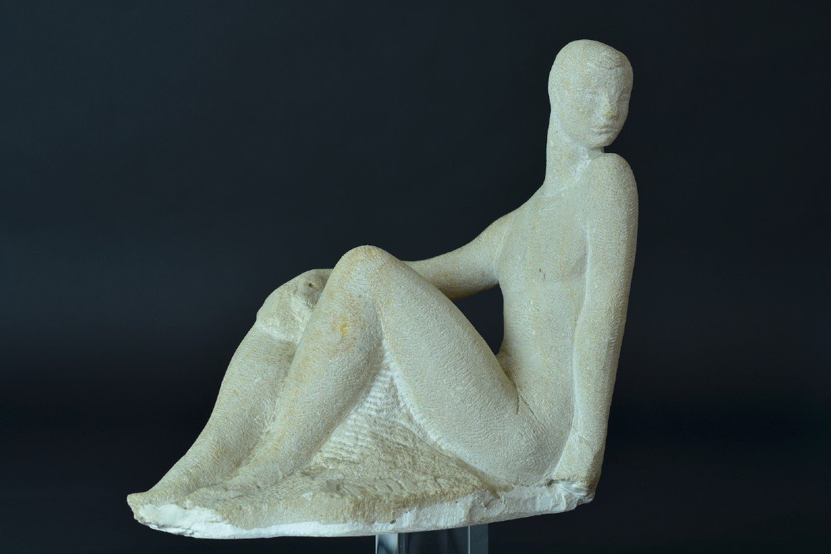 Henri Duler Antique Sculpture Young Nude Woman Seated Art Deco Stone-photo-3