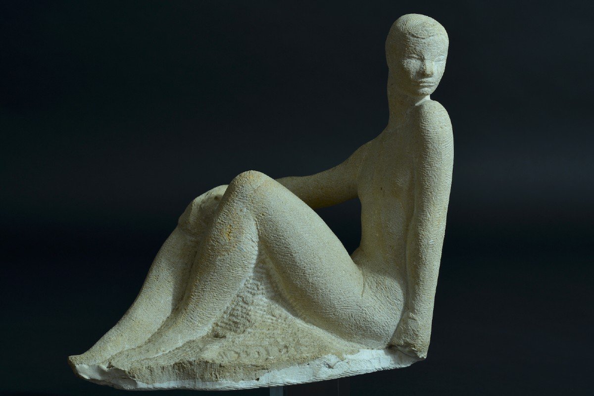 Henri Duler Antique Sculpture Young Nude Woman Seated Art Deco Stone-photo-3