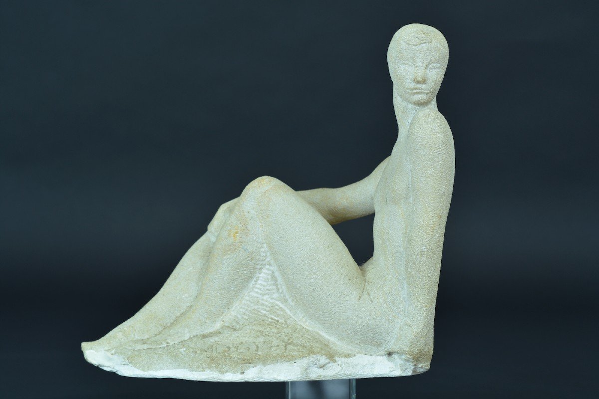 Henri Duler Antique Sculpture Young Nude Woman Seated Art Deco Stone-photo-8