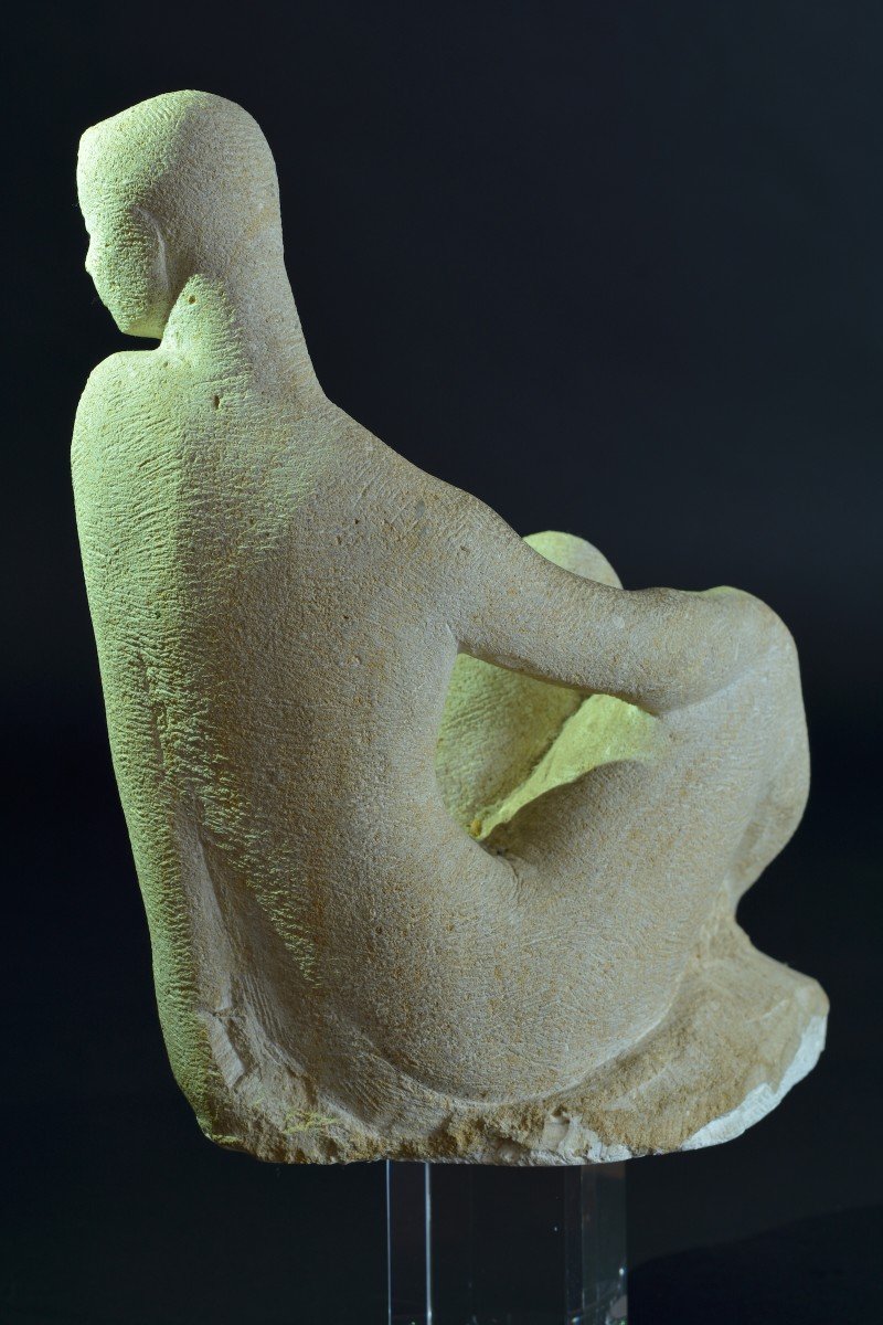 Henri Duler Antique Sculpture Young Nude Woman Seated Art Deco Stone