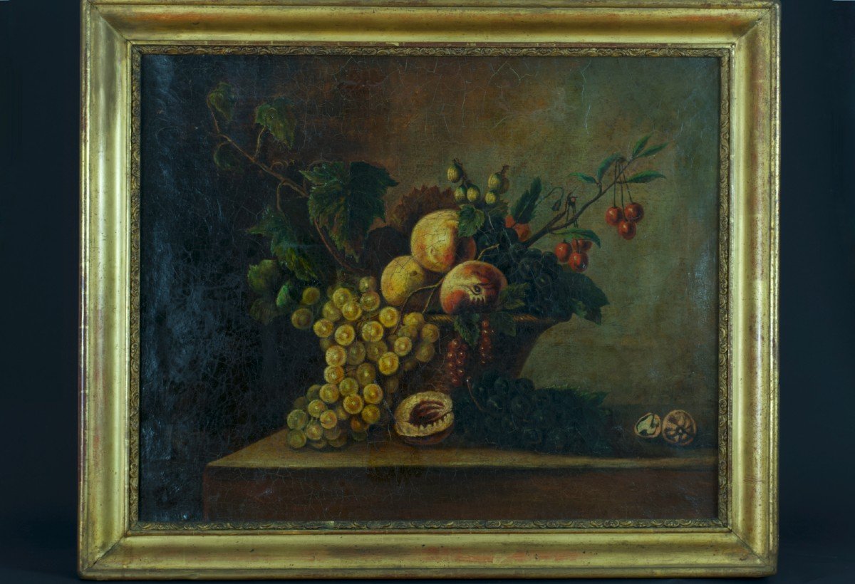 Old Painting Still Life With Cherries Fruit Basket Bodegón Style 17th Hst-photo-2