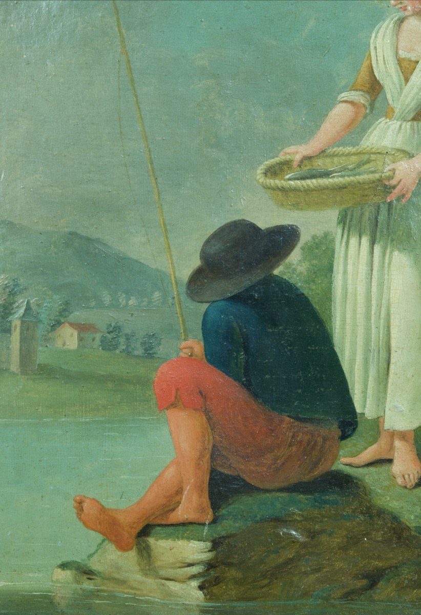 Old 18th Painting, Fisherman At The Edge Of A Lake French School Near Vernet-photo-4