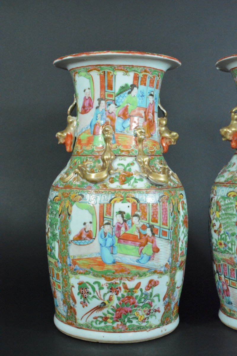 Paire De Vases Chine Porcelaine De Canton  Antique Chinese Mandarin 19 Thc X 2-photo-2