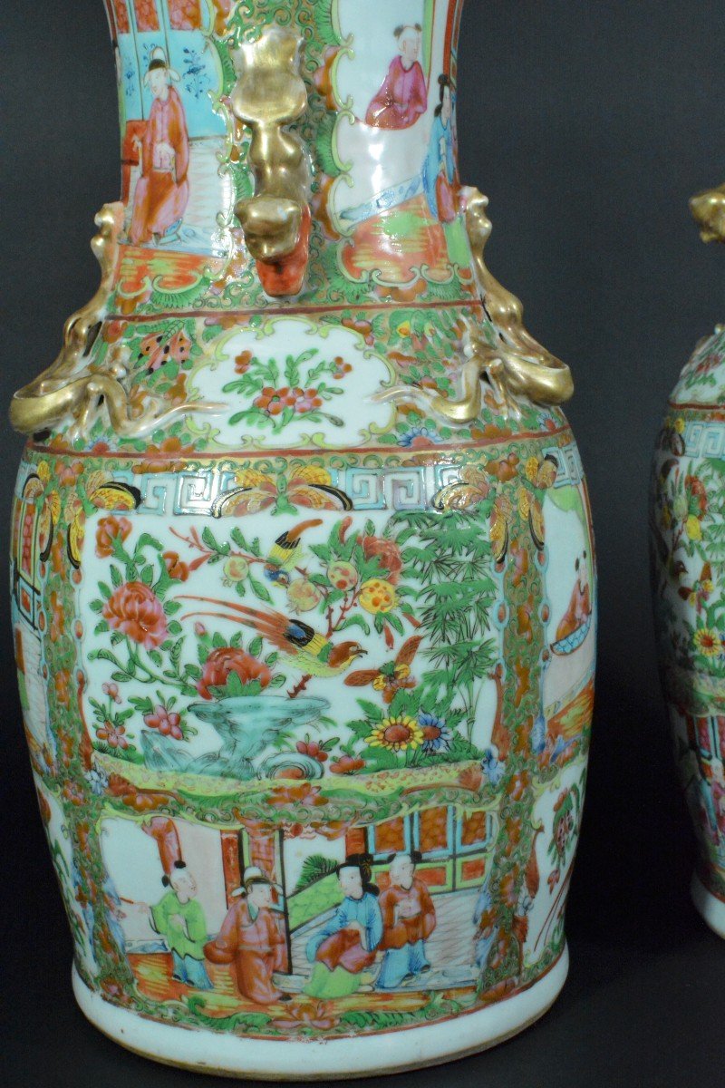 Paire De Vases Chine Porcelaine De Canton  Antique Chinese Mandarin 19 Thc X 2-photo-4