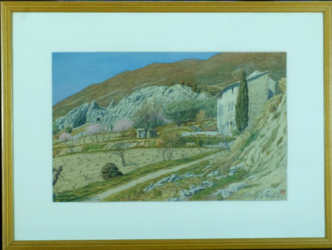 Henri Rivière Old Drawing Landscape Drome Nyons Houses Art Nouveau Provence Pine-photo-6