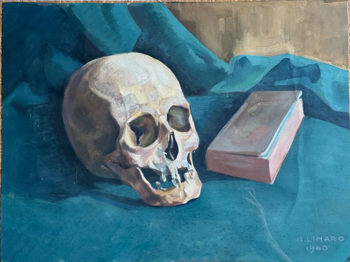 Henri Linard Old Painting Memento Mori Still Life Portrait Skull Vanity Lorrain-photo-2