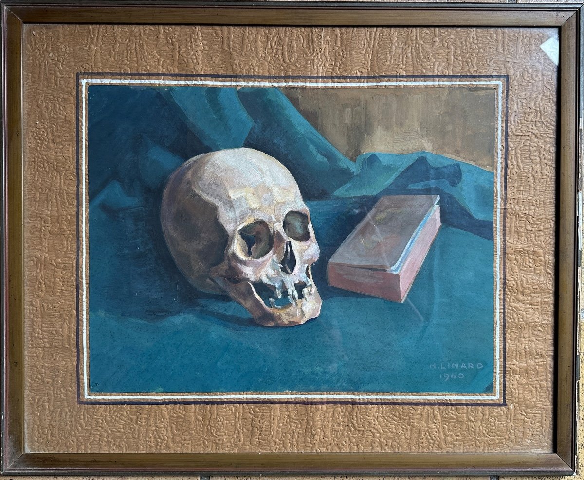 Henri Linard Old Painting Memento Mori Still Life Portrait Skull Vanity Lorrain-photo-3