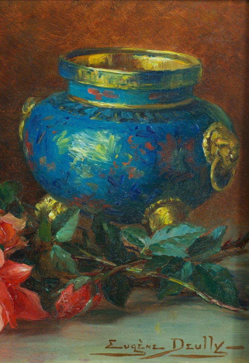 Eugène Deully  Beau Tableau Ancien Bouquet De Roses Et Vase En émail Lille 19 ème-photo-1