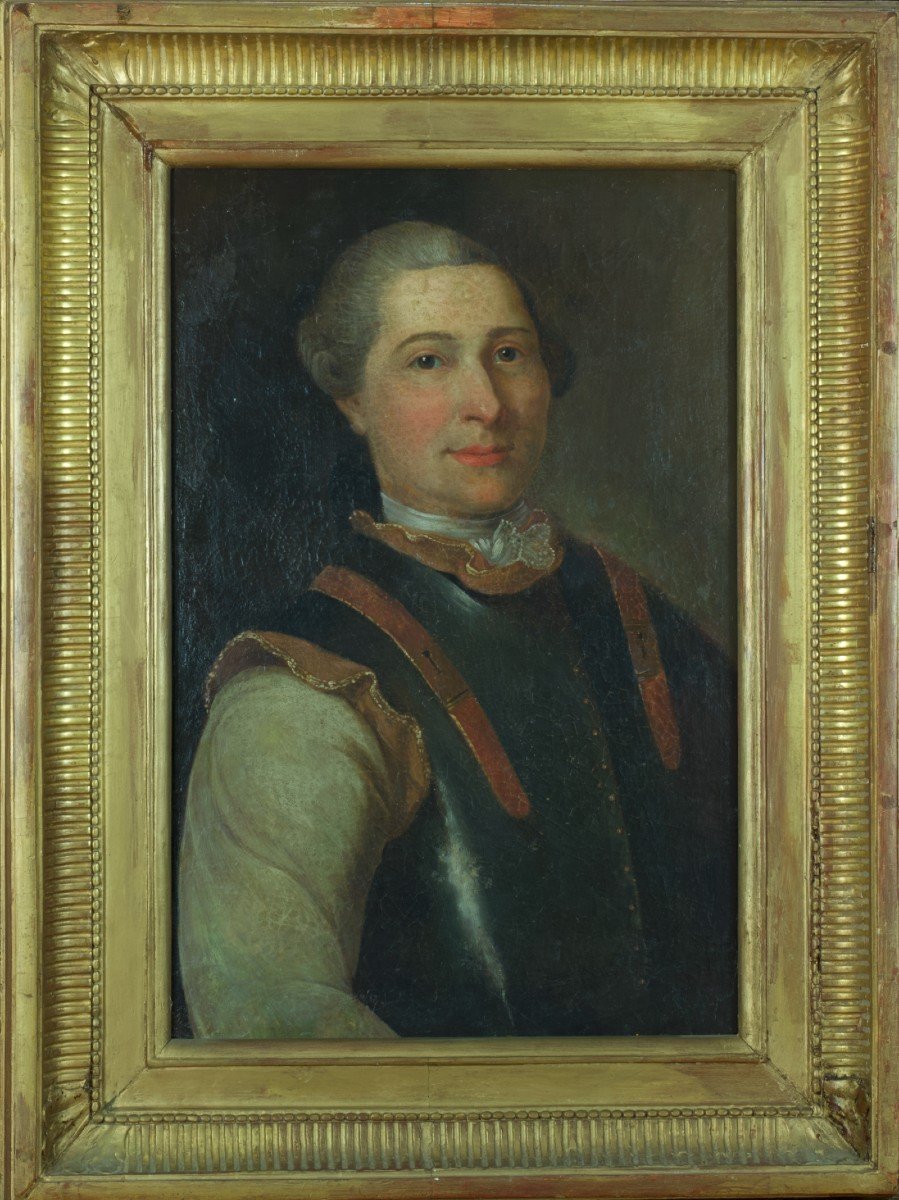 Beau Tableau Ancien Portrait De Gentilhomme en  cuirasse  école Française 17 ème décor Chateau