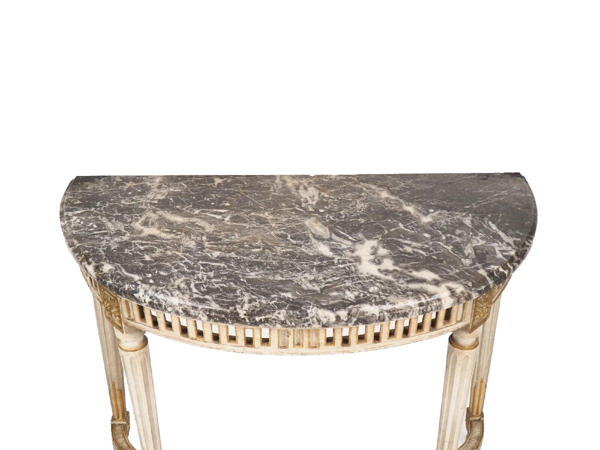 Ancienne Table Console d'époque Louis XVI Bois Sculpté Laqué Gris Marbre-photo-2