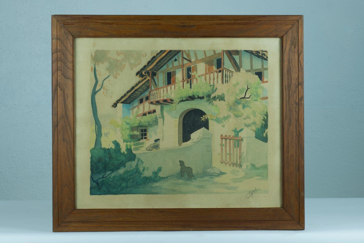 Raoul Serres Ancien Tableau Pays Basque Maison Portrait  Homme Art Déco Aquarelle Landes Arrue-photo-6