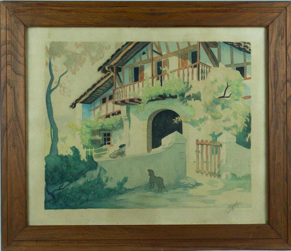 Raoul Serres Old Painting Basque Country House Portrait Man Art Deco Watercolor Landes 