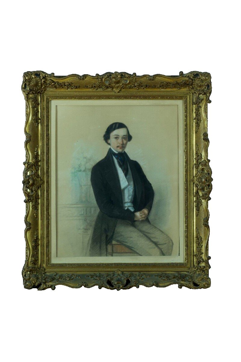 Gabriel Durand Tableau Ancien Portrait Romantique Homme Dandy Costume Pastel -photo-5