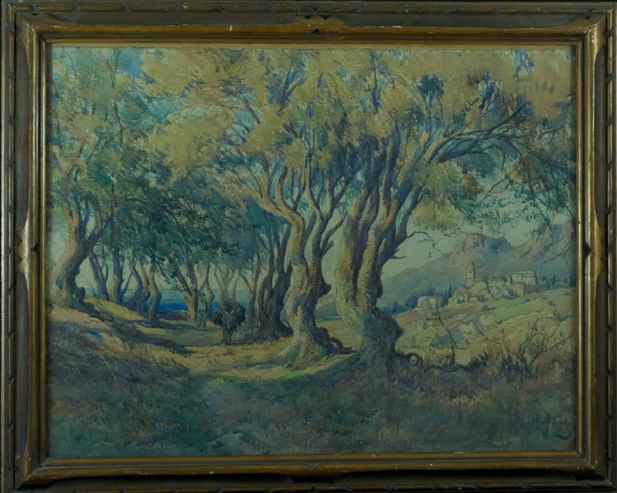 Emile Appay Old Painting Large Corsican Landscape Donkey Path Sea Village Watercolor 84cm -photo-3